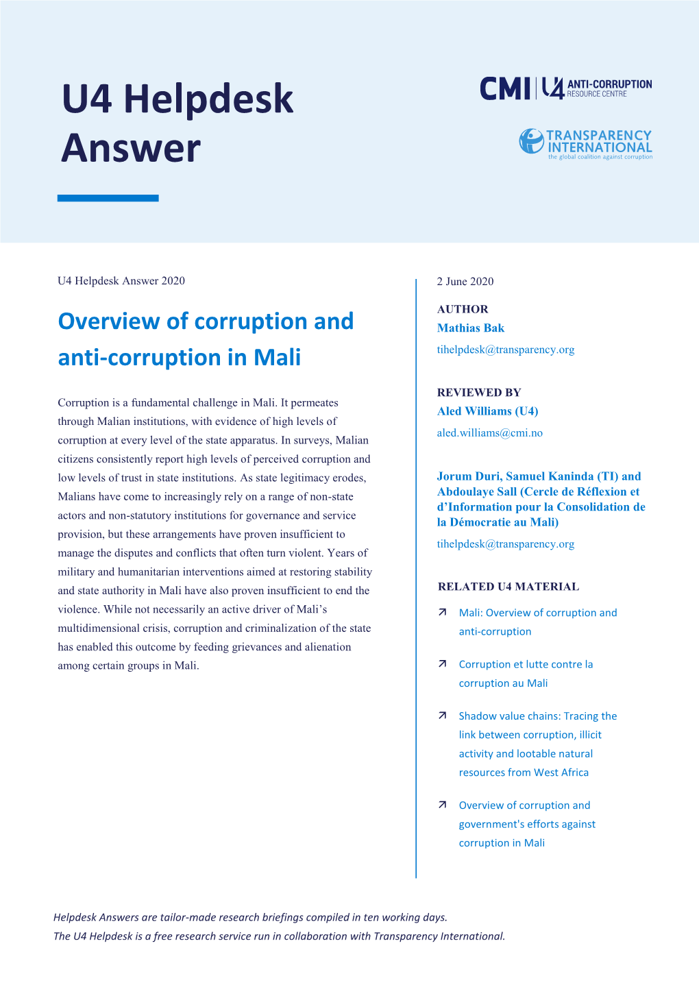 Overview of Corruption and Anti-Corruption in Mali 2