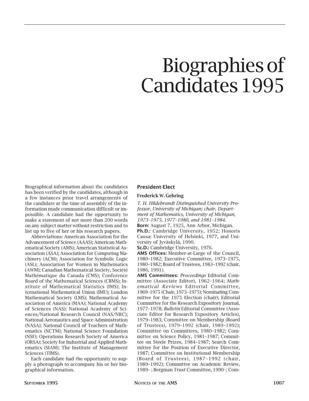 Biographies of Candidates 1995