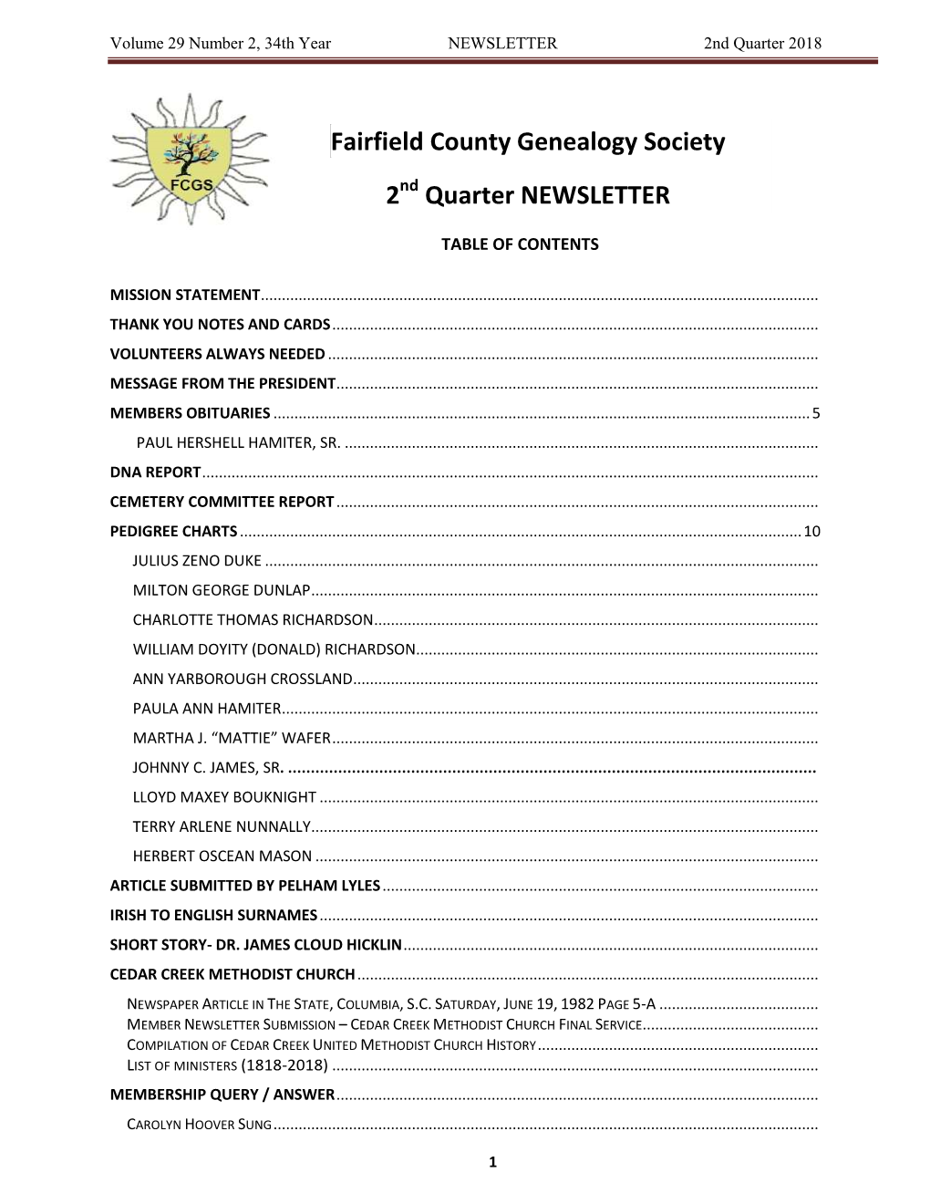 Fairfield County Genealogy Society 2 Quarter NEWSLETTER