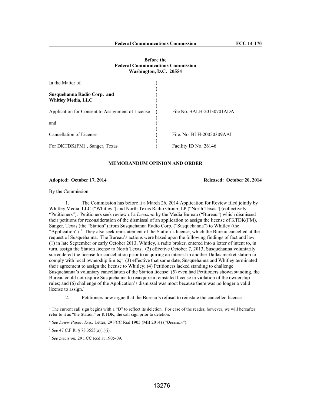 Federal Communications Commission FCC 14-170 Before the Federal