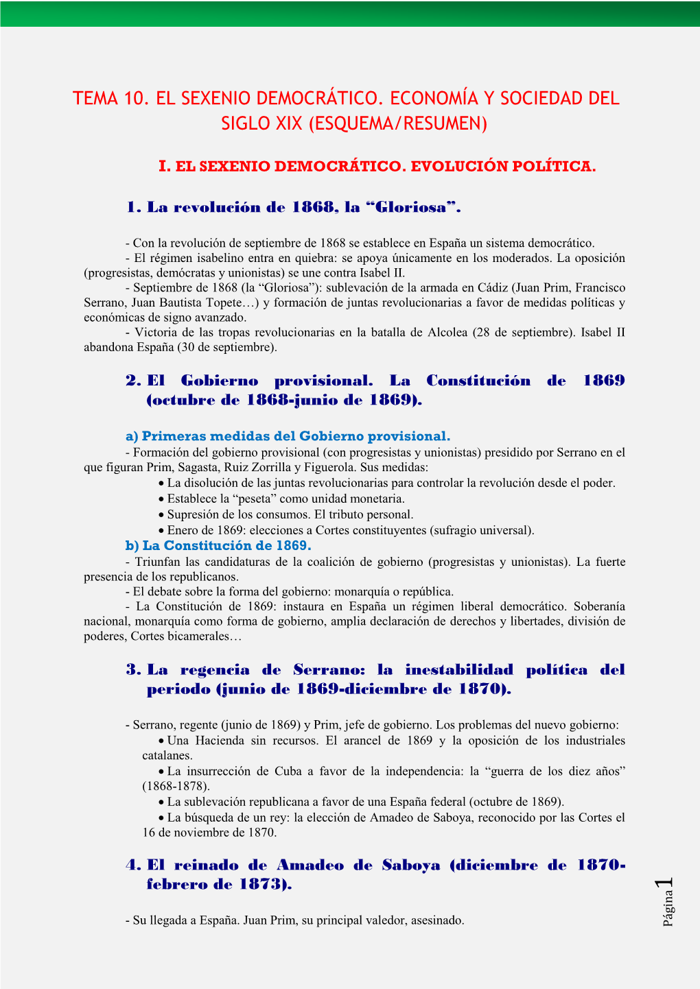 Tema 10. El Sexenio Democrático. Economía Y Sociedad Del Siglo Xix (Esquema/Resumen)