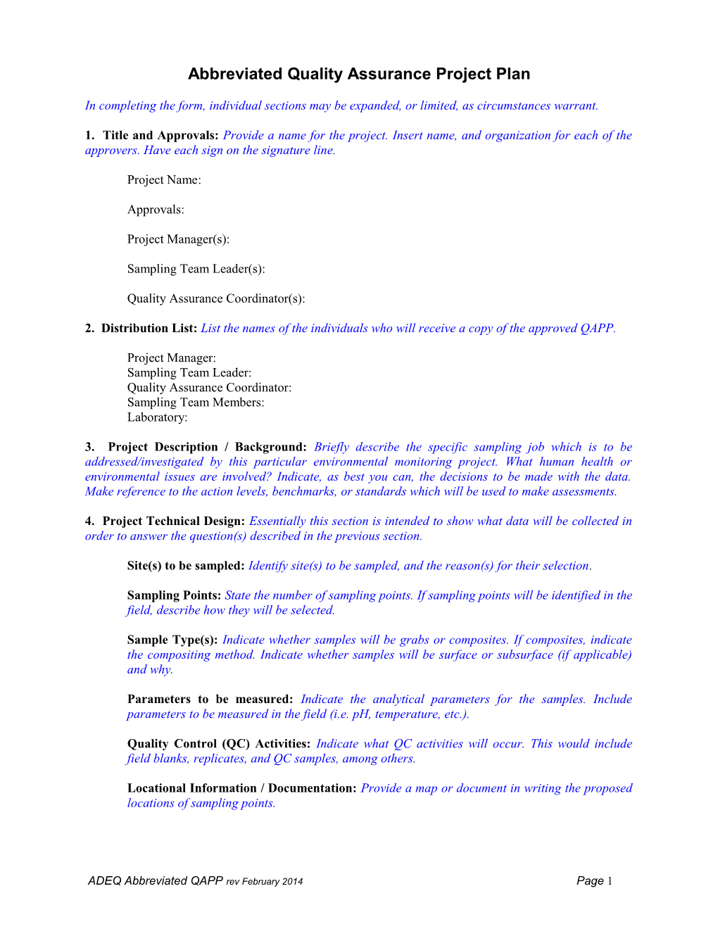 Quality Assurance Project Plan