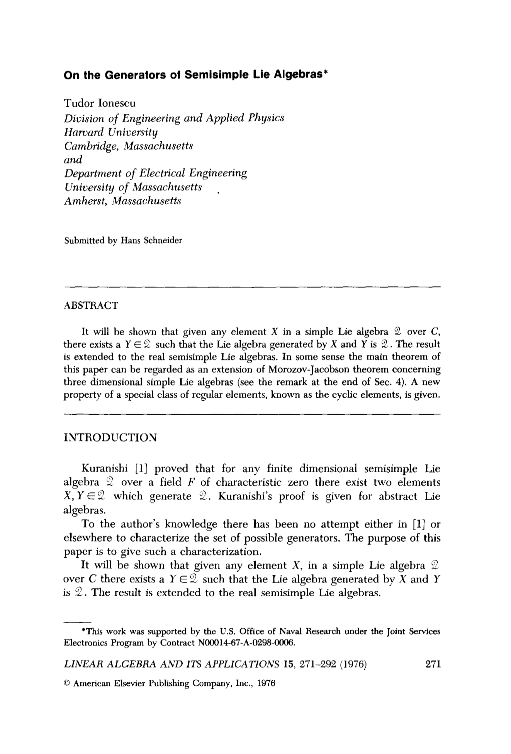 On the Generators of Semisimple Lie Algebras* Tudor Ionescu