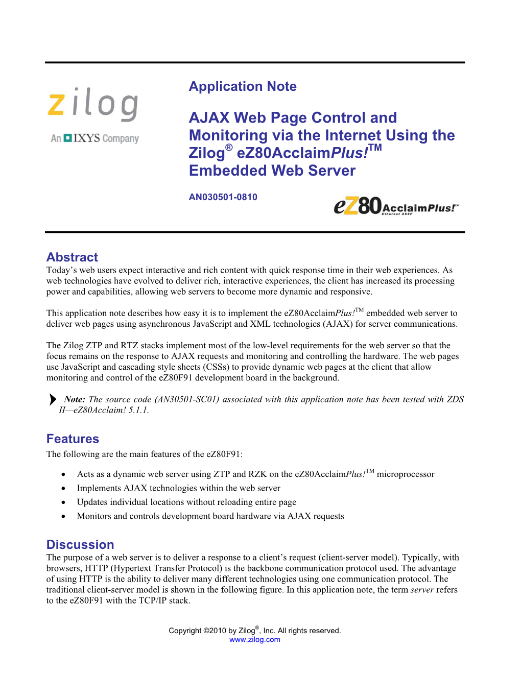 AJAX Web Page Control and Monitoring Via the Internet Using the Zilog® Ez80acclaimplus!TM Embedded Web Server