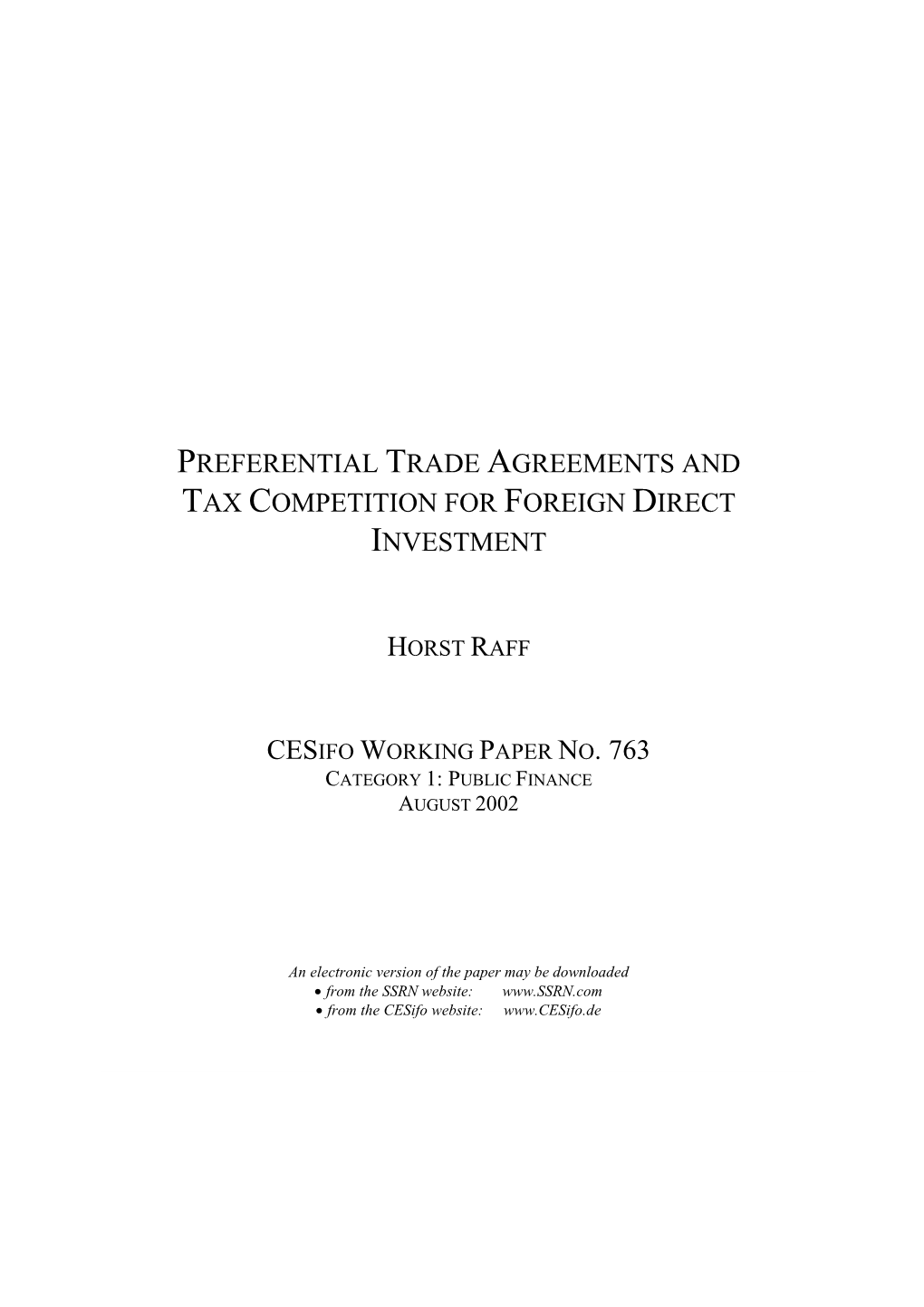 Preferential Trade Agreements and Tax Competition for Foreign Direct Investment