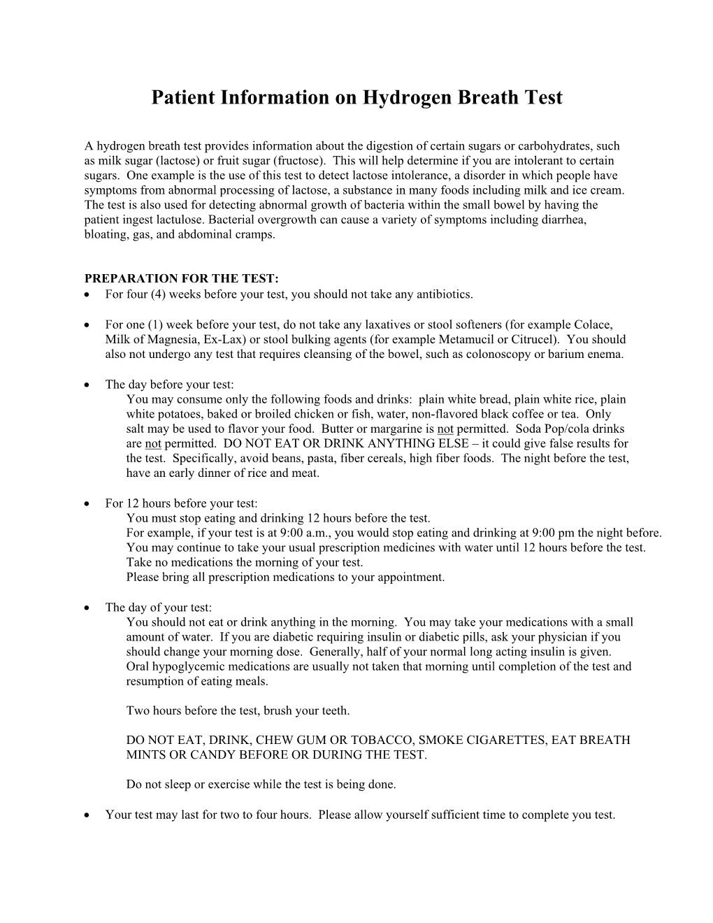 Patient Information on Hydrogen Breath Test