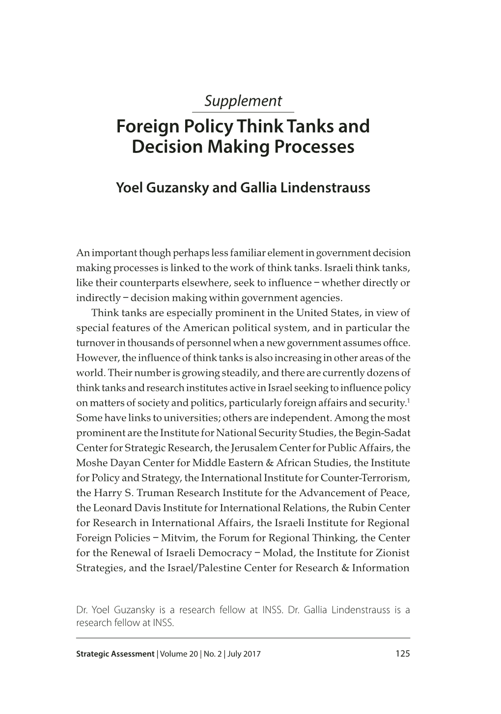 Foreign Policy Think Tanks and Decision Making Processes