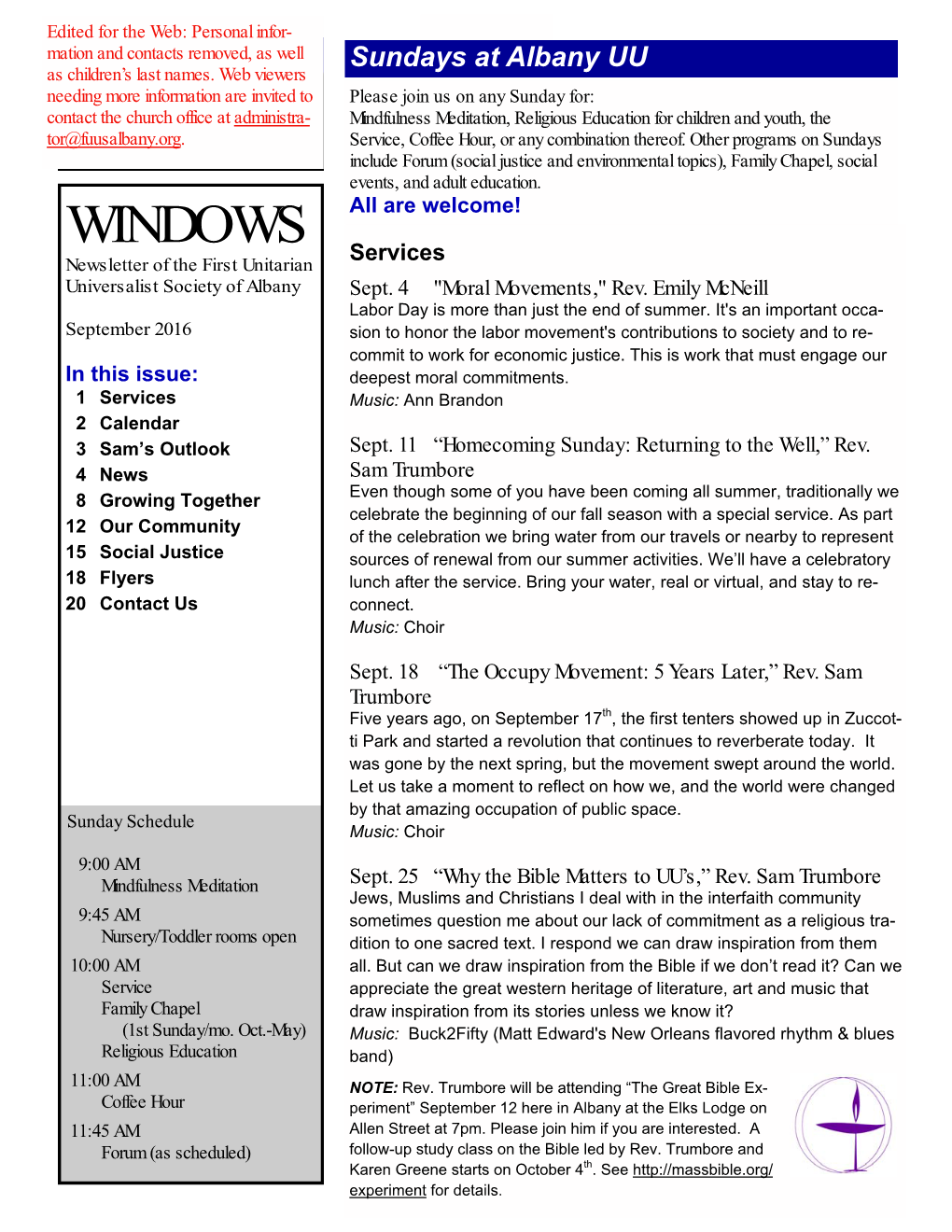 WINDOWS Services Newsletter of the First Unitarian Universalist Society of Albany Sept