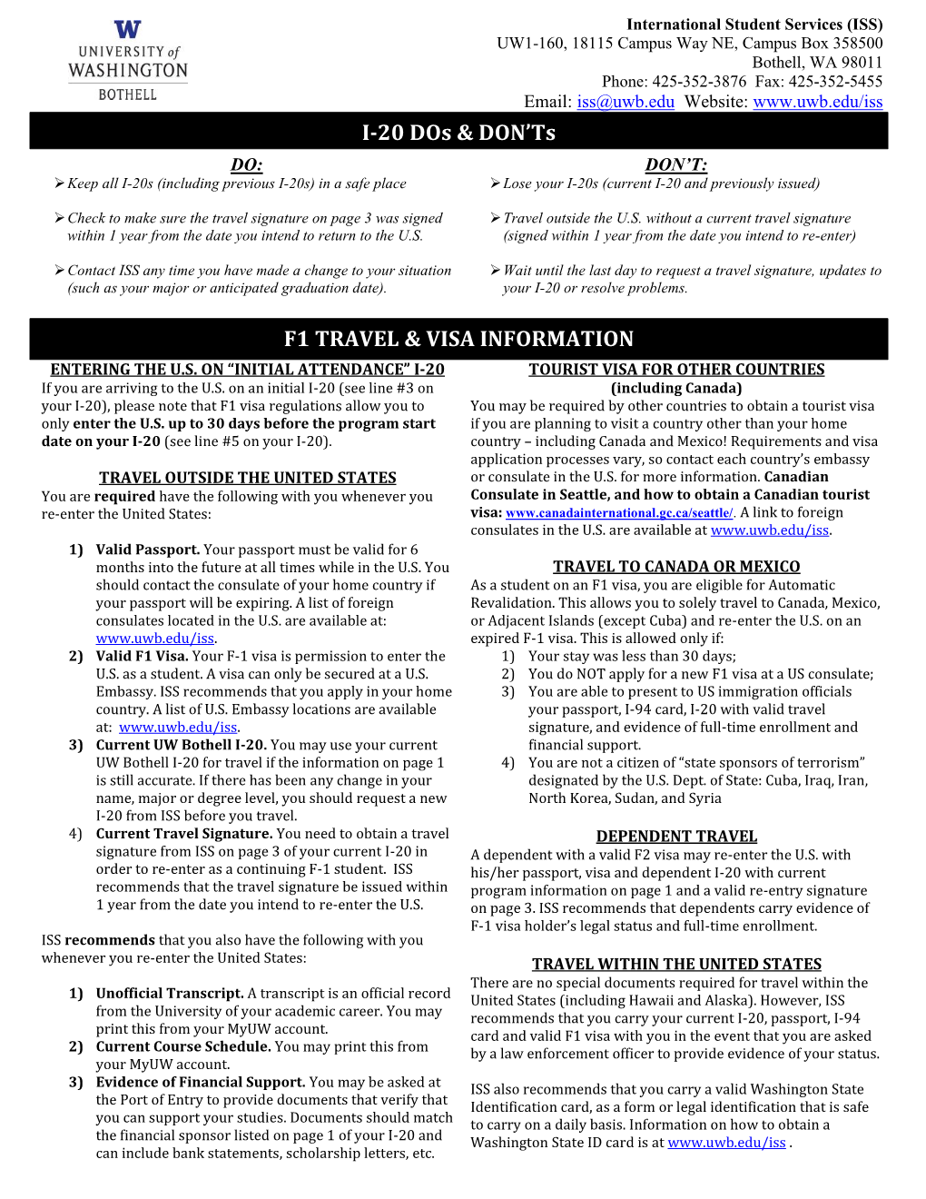 F1 TRAVEL & VISA INFORMATION I-20 Dos & DON'ts