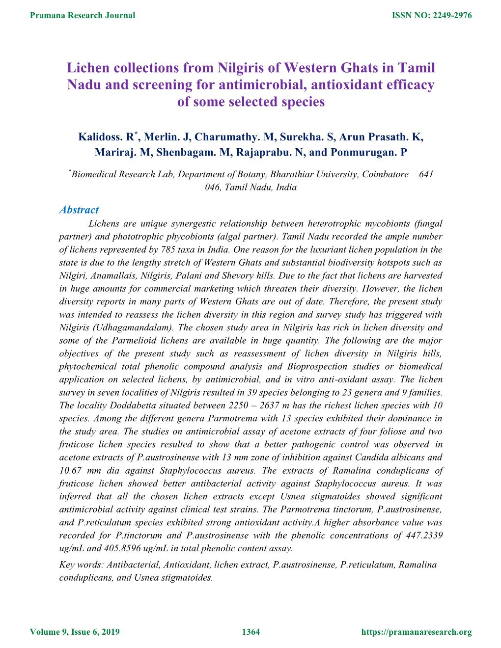 Lichen Collections from Nilgiris of Western Ghats in Tamil Nadu and Screening for Antimicrobial, Antioxidant Efficacy of Some Selected Species