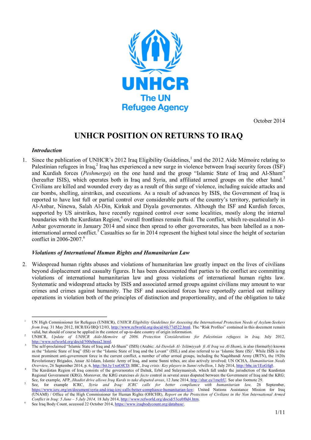 Unhcr Position on Returns to Iraq