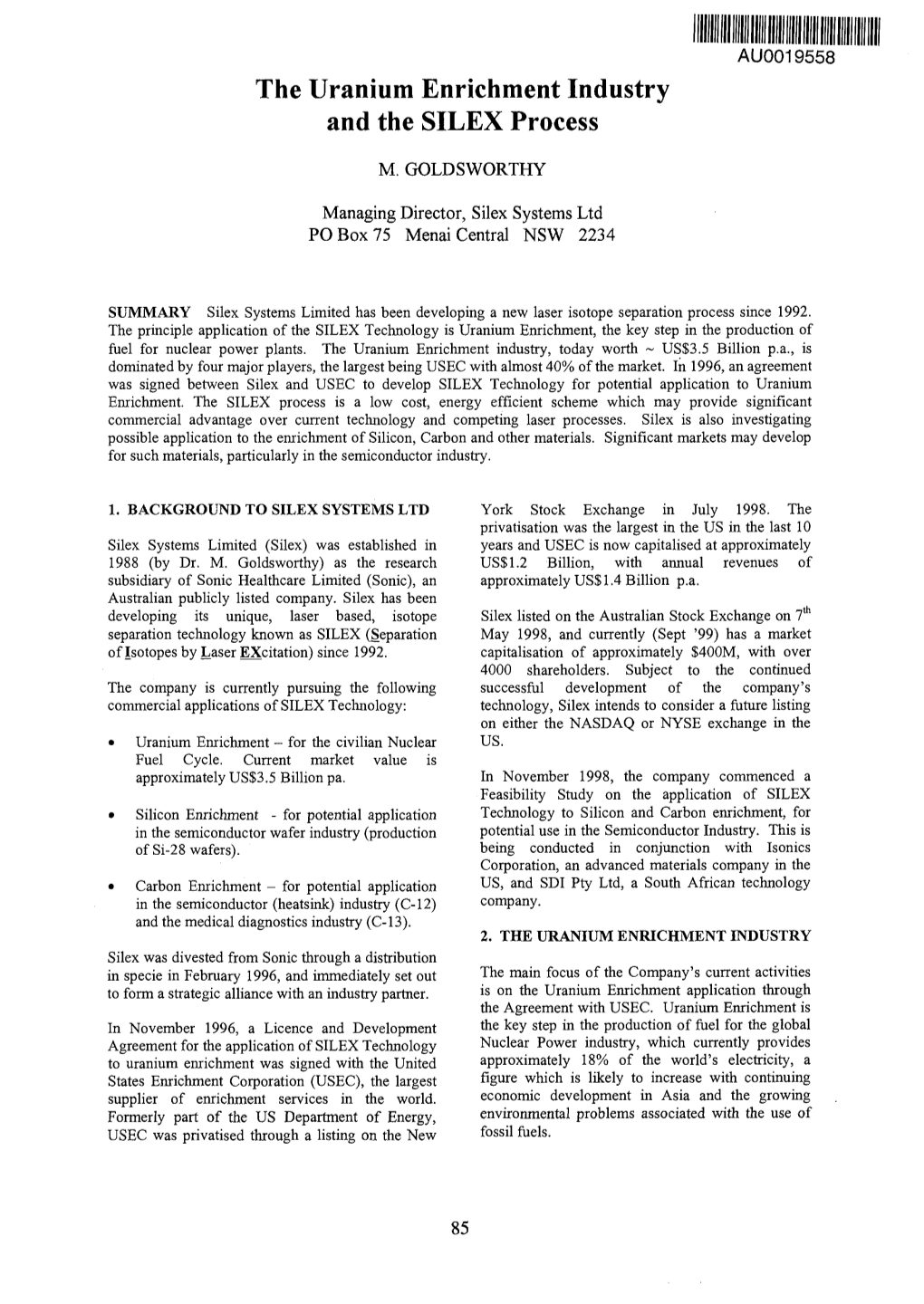 The Uranium Enrichment Industry and the SILEX Process