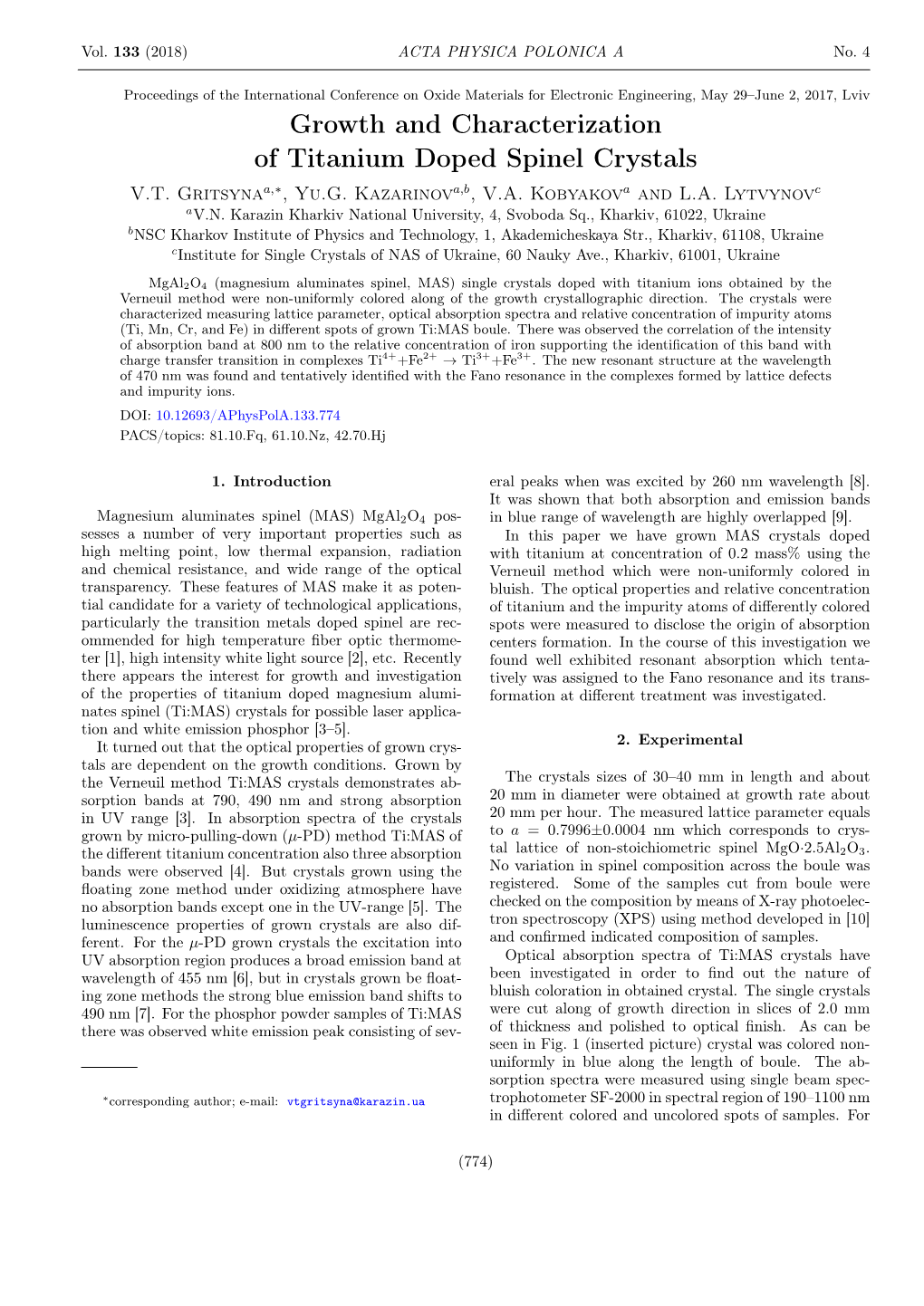 Growth and Characterization of Titanium Doped Spinel Crystals V.T