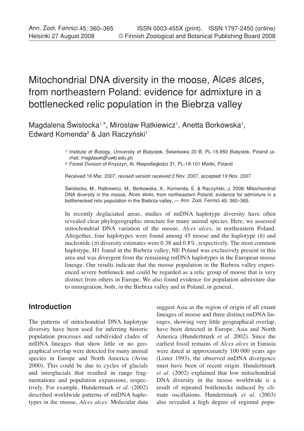 Mitochondrial DNA Diversity in the Moose, Alces Alces, from Northeastern Poland: Evidence for Admixture in a Bottlenecked Relic Population in the Biebrza Valley