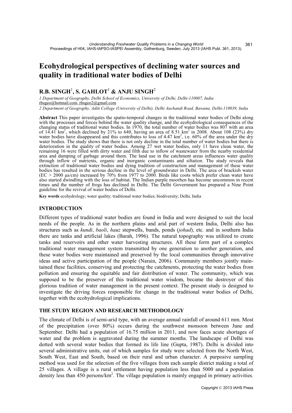 Ecohydrological Perspectives of Declining Water Sources and Quality in Traditional Water Bodies of Delhi