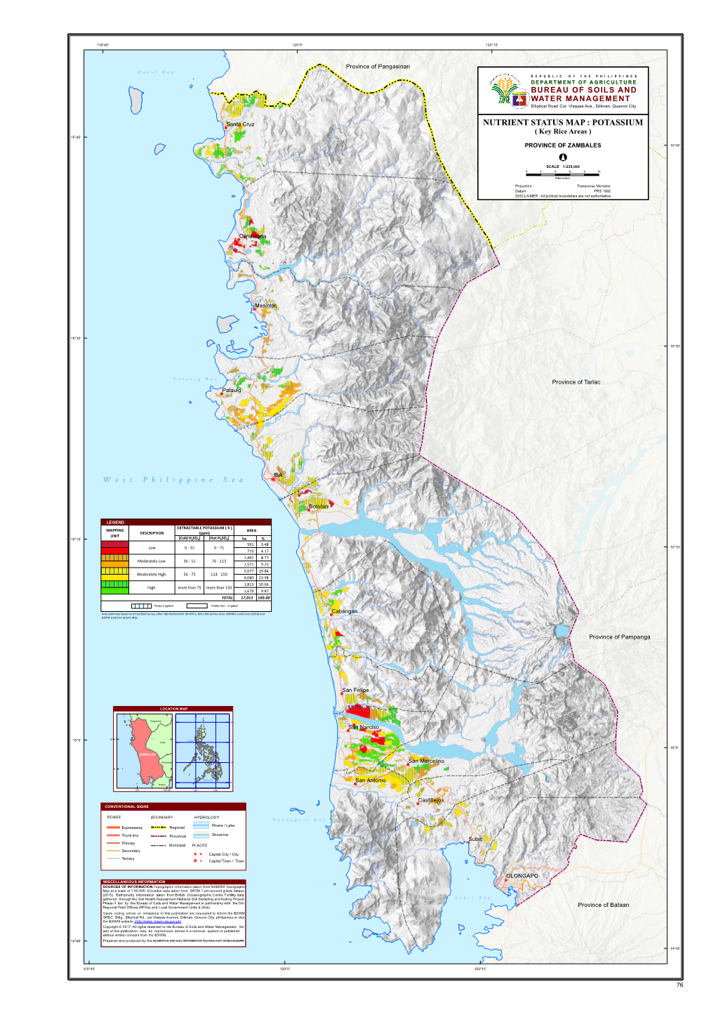 POTASSIUM ( Key Rice Areas ) 15°45' PROVINCE of ZAMBALES 15°45' ° SCALE 1:235,000 0 2 4 6 8 10