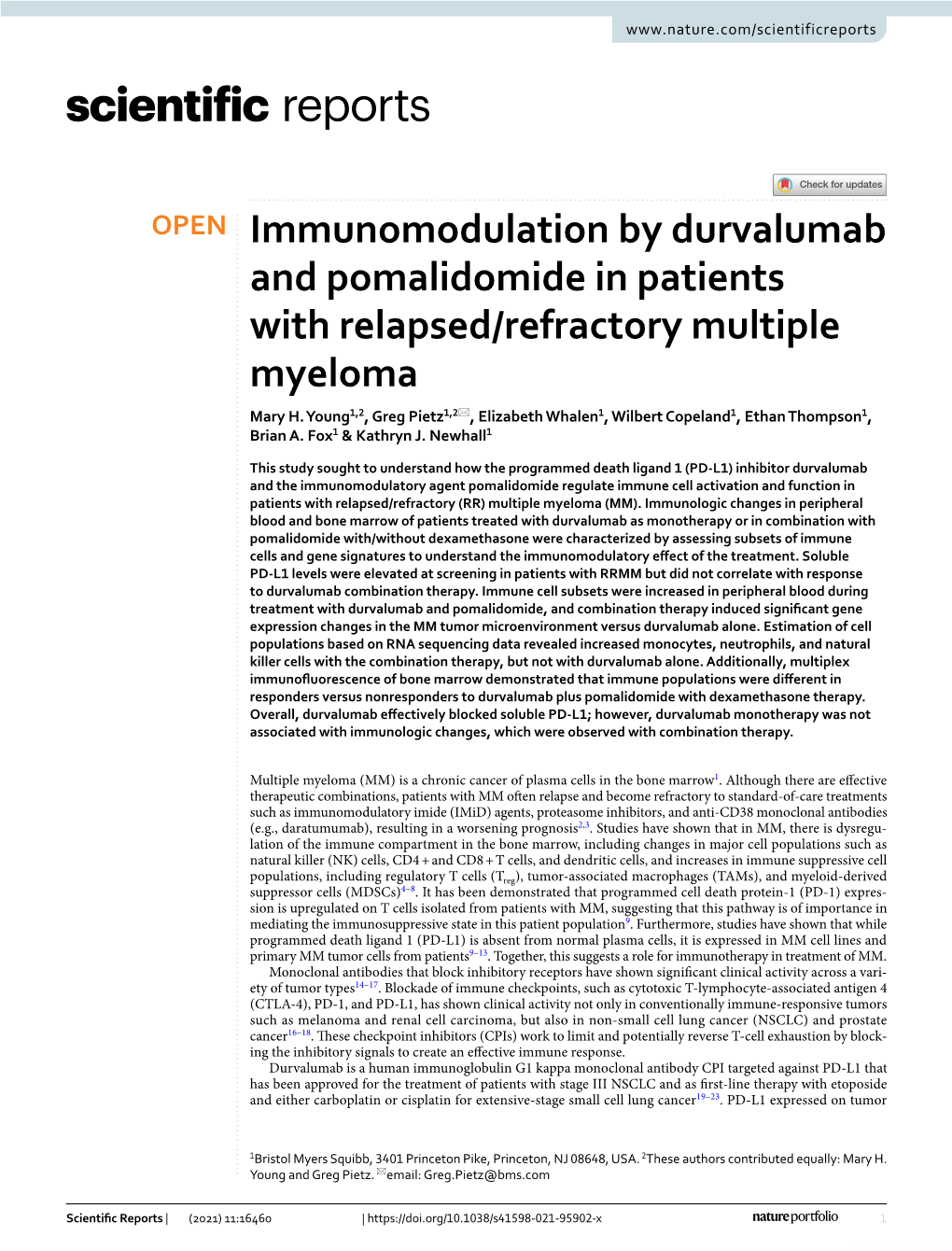 Immunomodulation by Durvalumab and Pomalidomide in Patients with Relapsed/Refractory Multiple Myeloma Mary H