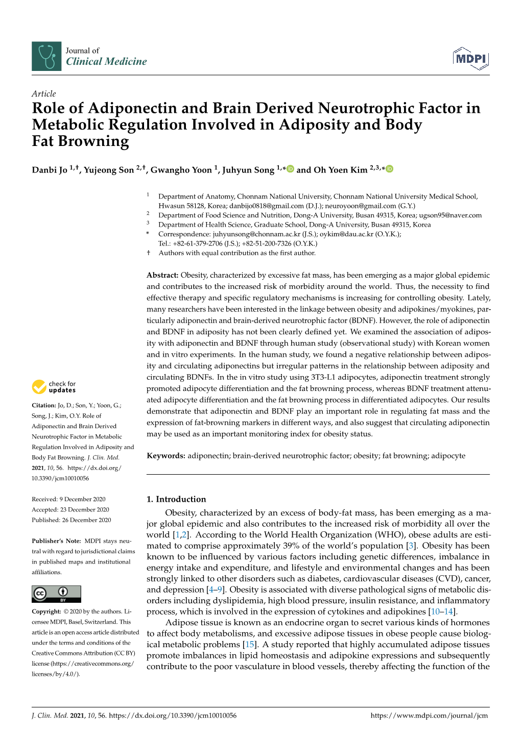 Role of Adiponectin and Brain Derived Neurotrophic Factor in Metabolic Regulation Involved in Adiposity and Body Fat Browning