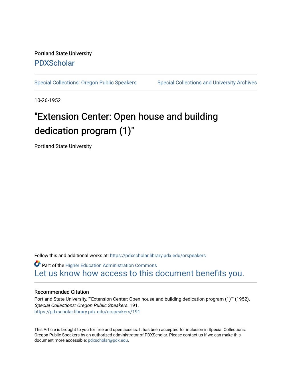 "Extension Center: Open House and Building Dedication Program (1)"