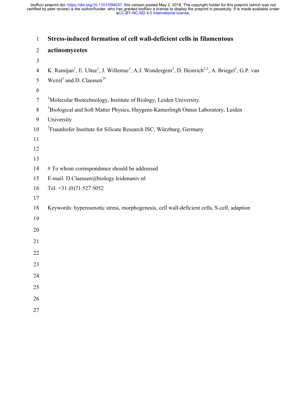 Stress-Induced Formation of Cell Wall-Deficient Cells in Filamentous 2 Actinomycetes 3 4 K