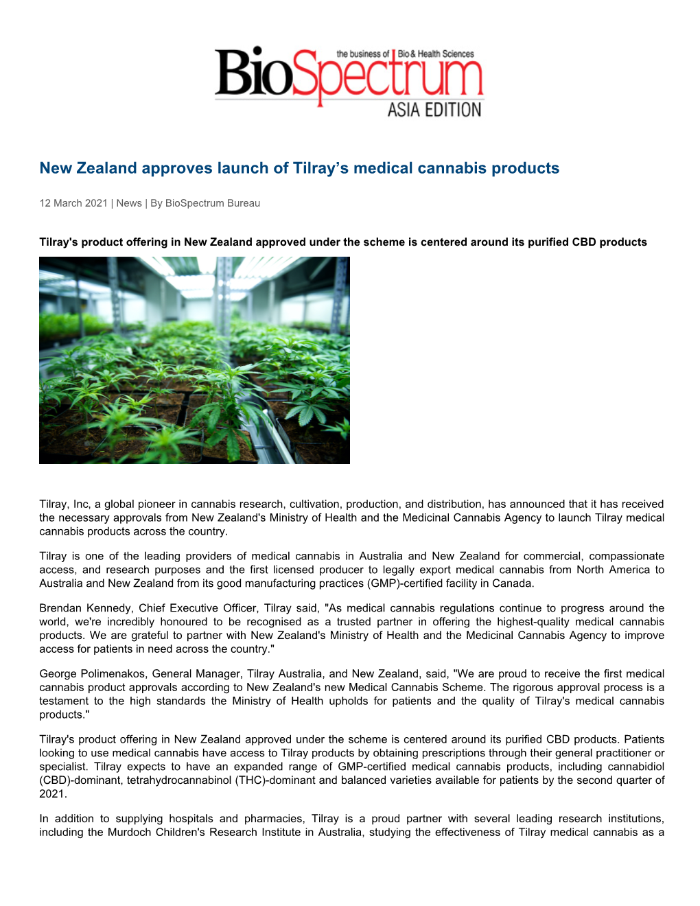 New Zealand Approves Launch of Tilray™S Medical Cannabis Products