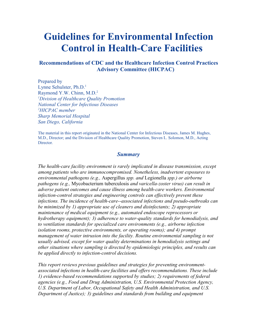 Guidelines for Environmental Infection Control in Health-Care Facilities