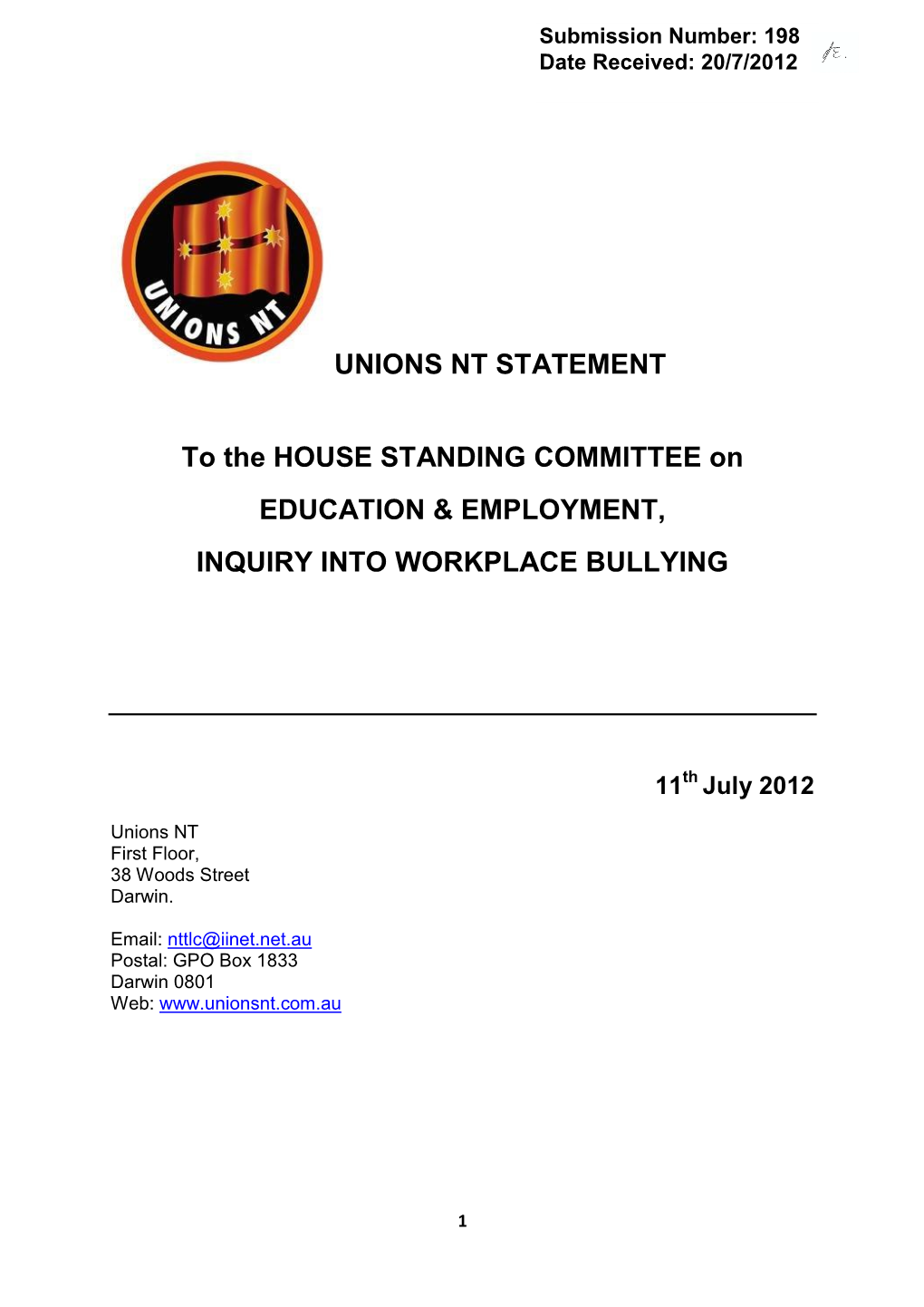 UNIONS NT STATEMENT to the HOUSE STANDING COMMITTEE