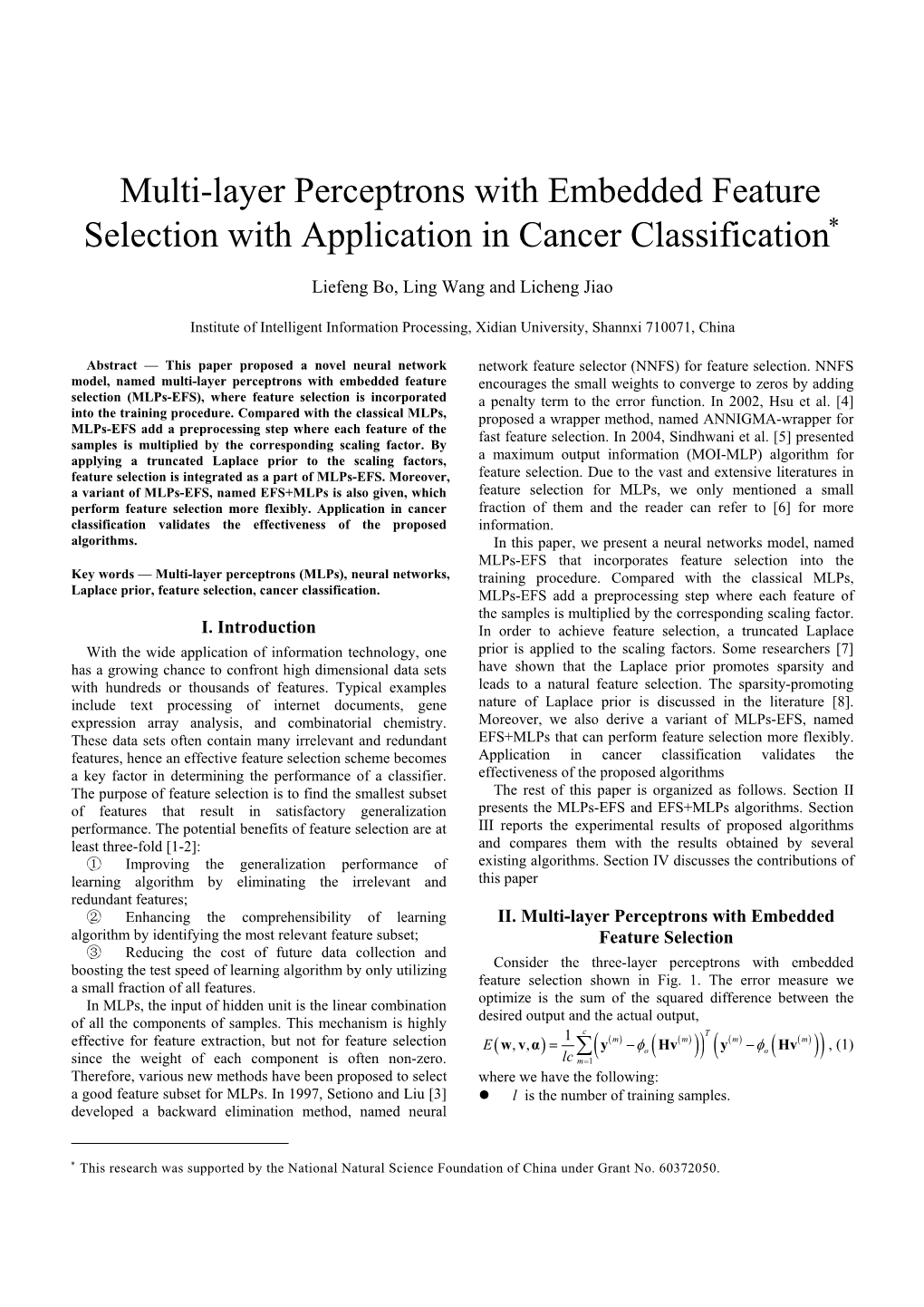 Multi-Layer Perceptrons with Embedded Feature Selection with Application in Cancer Classification∗