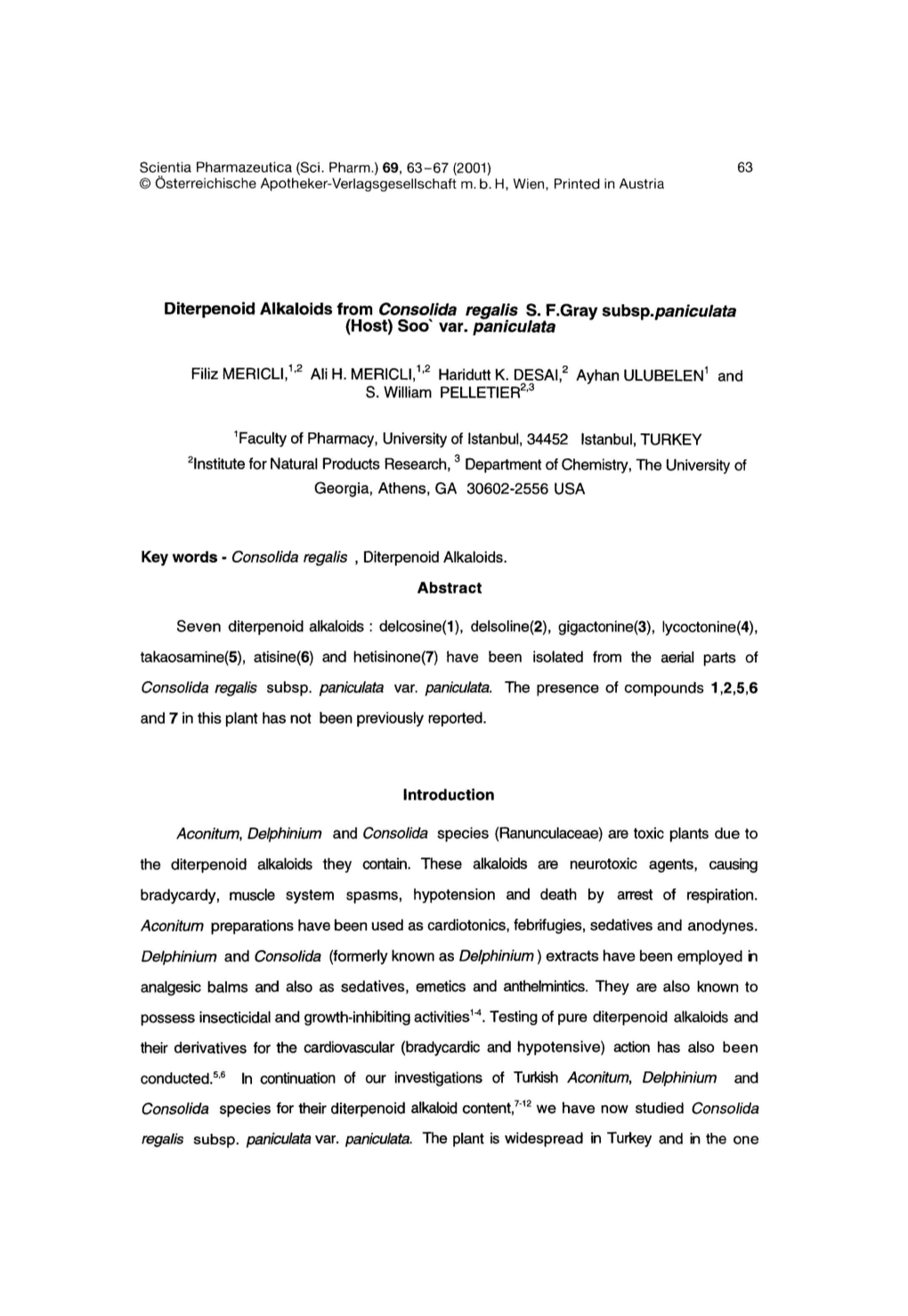 Diterpenoid Alkaloids from Consolida Regalis S. F.Gray Su Bsp.Paniculata (Host) Sod Var