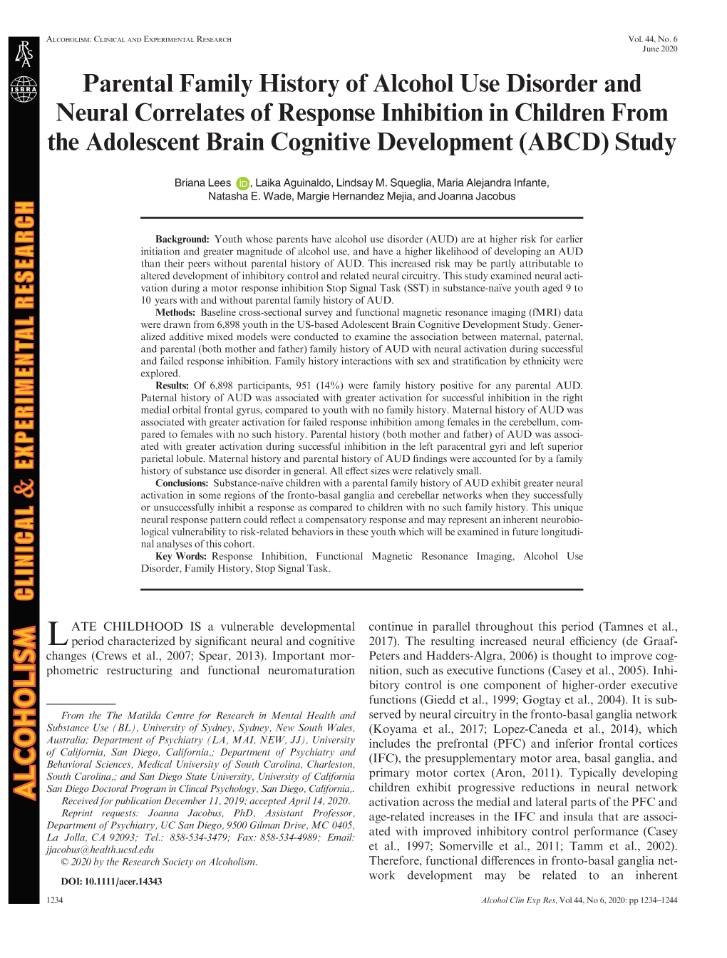 Parental Family History of Alcohol Use Disorder and Neural Correlates of Response Inhibition in Children from the Adolescent Brain Cognitive Development (ABCD) Study
