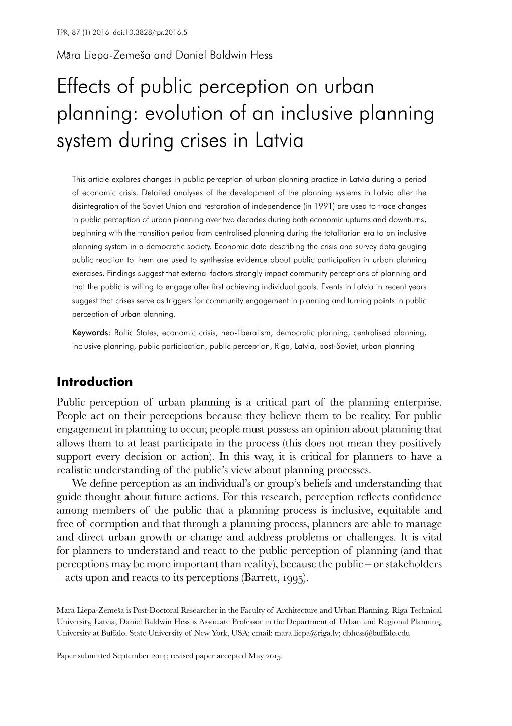 Effects of Public Perception on Urban Planning: Evolution of an Inclusive Planning System During Crises in Latvia