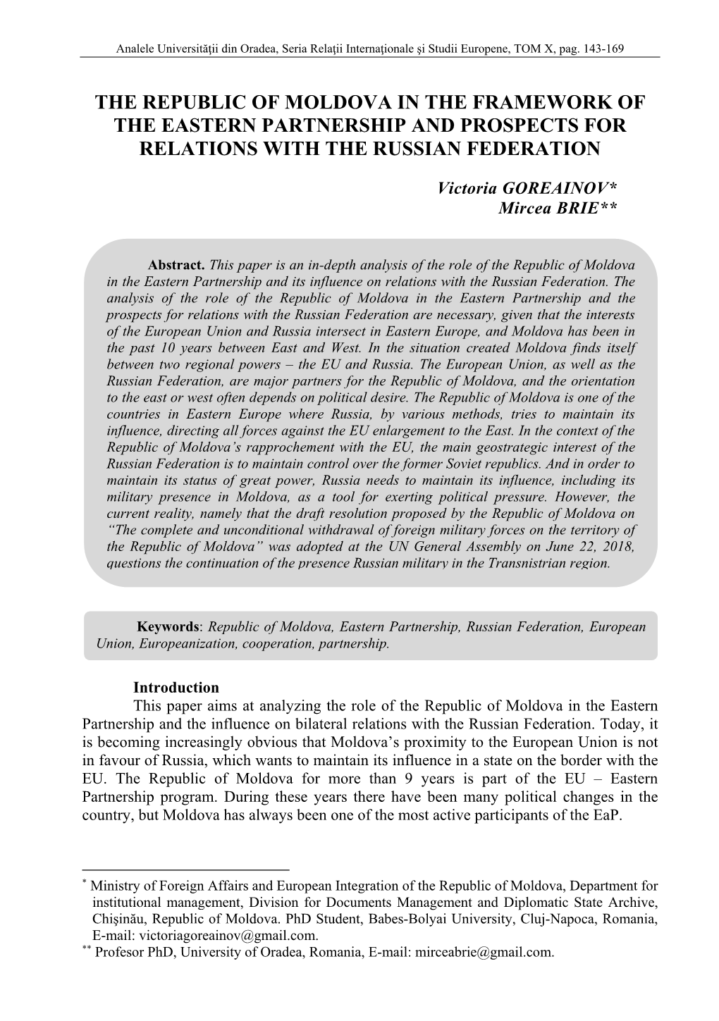 The Republic of Moldova in the Framework of the Eastern Partnership and Prospects for Relations with the Russian Federation