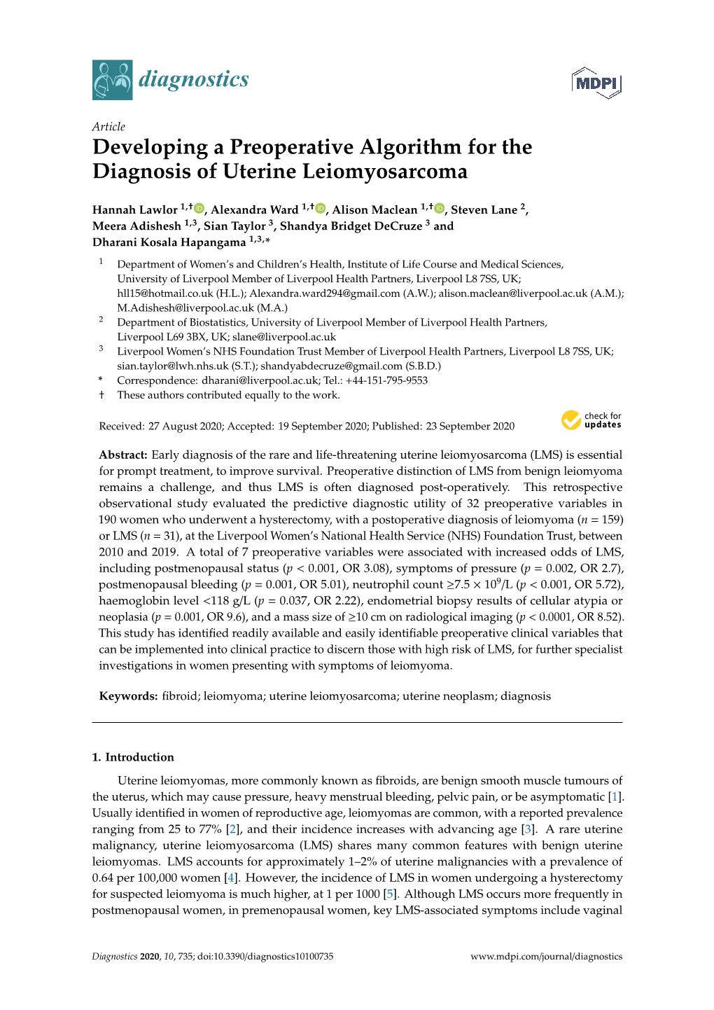 Developing a Preoperative Algorithm for the Diagnosis of Uterine Leiomyosarcoma