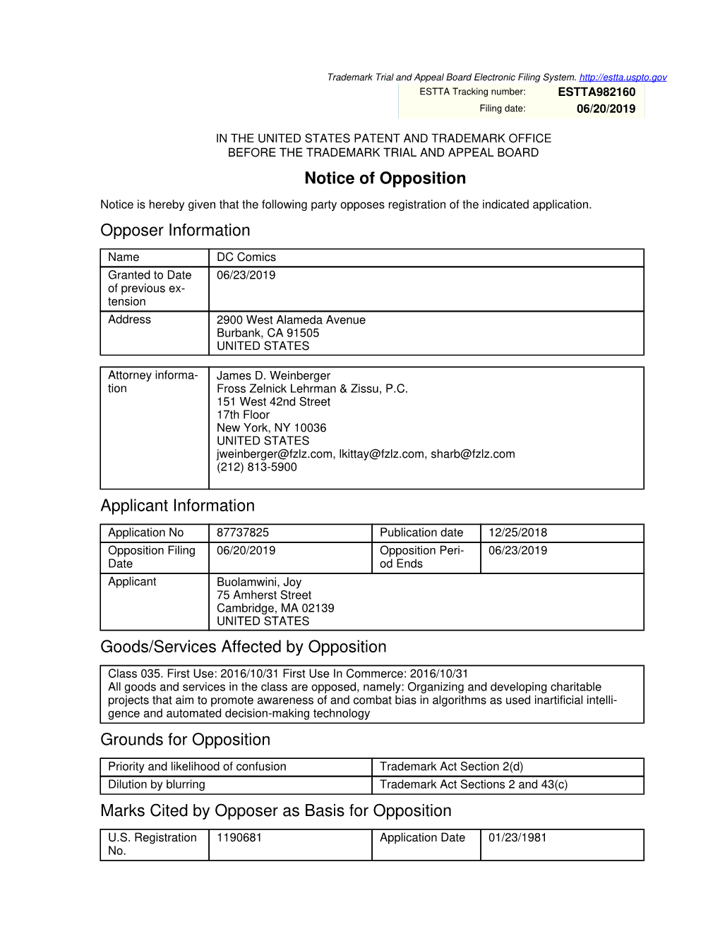 Notice of Opposition Opposer Information Applicant Information