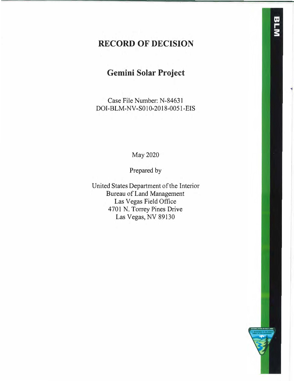 RECORD of DECISION Gemini Solar Project