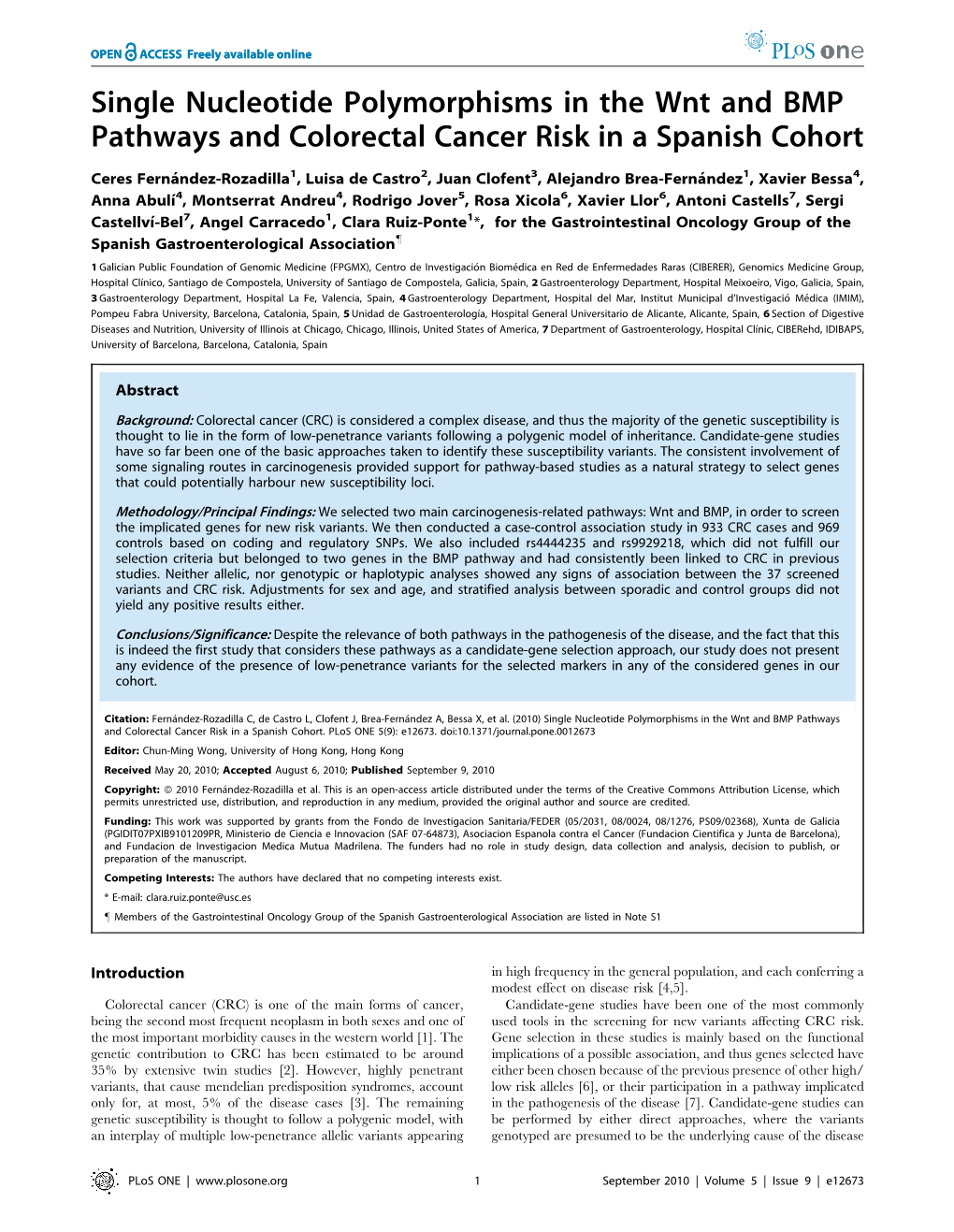 Single Nucleotide Polymorphisms in the Wnt and BMP Pathways and Colorectal Cancer Risk in a Spanish Cohort