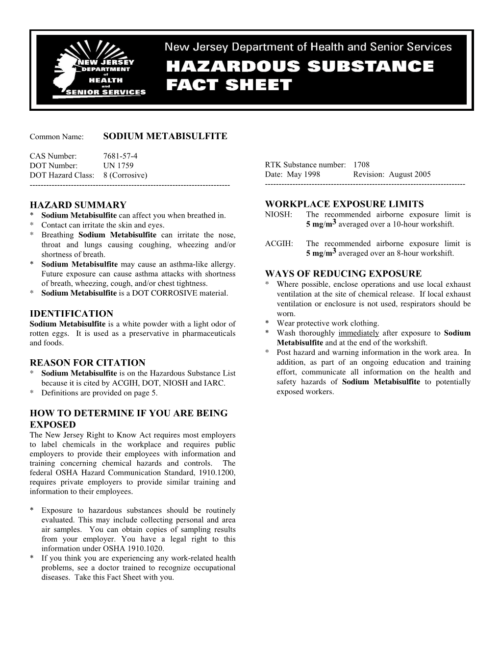 Sodium Metabisulfite Hazard Summary Identification