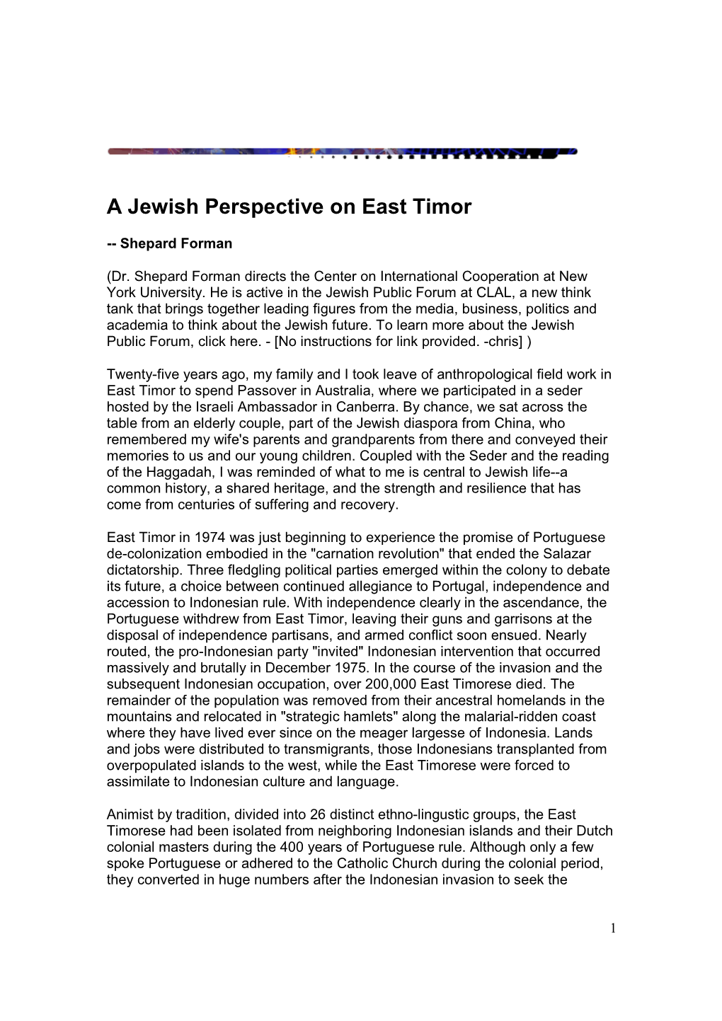 A Jewish Perspective on East Timor