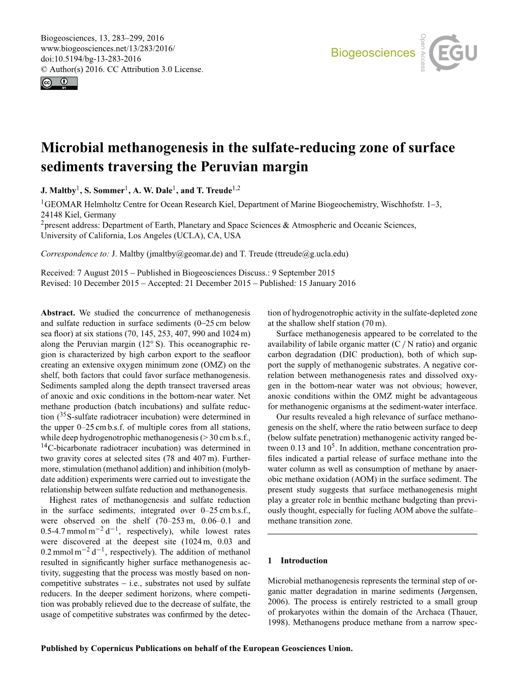 Microbial Methanogenesis in the Sulfate-Reducing Zone of Surface Sediments Traversing the Peruvian Margin