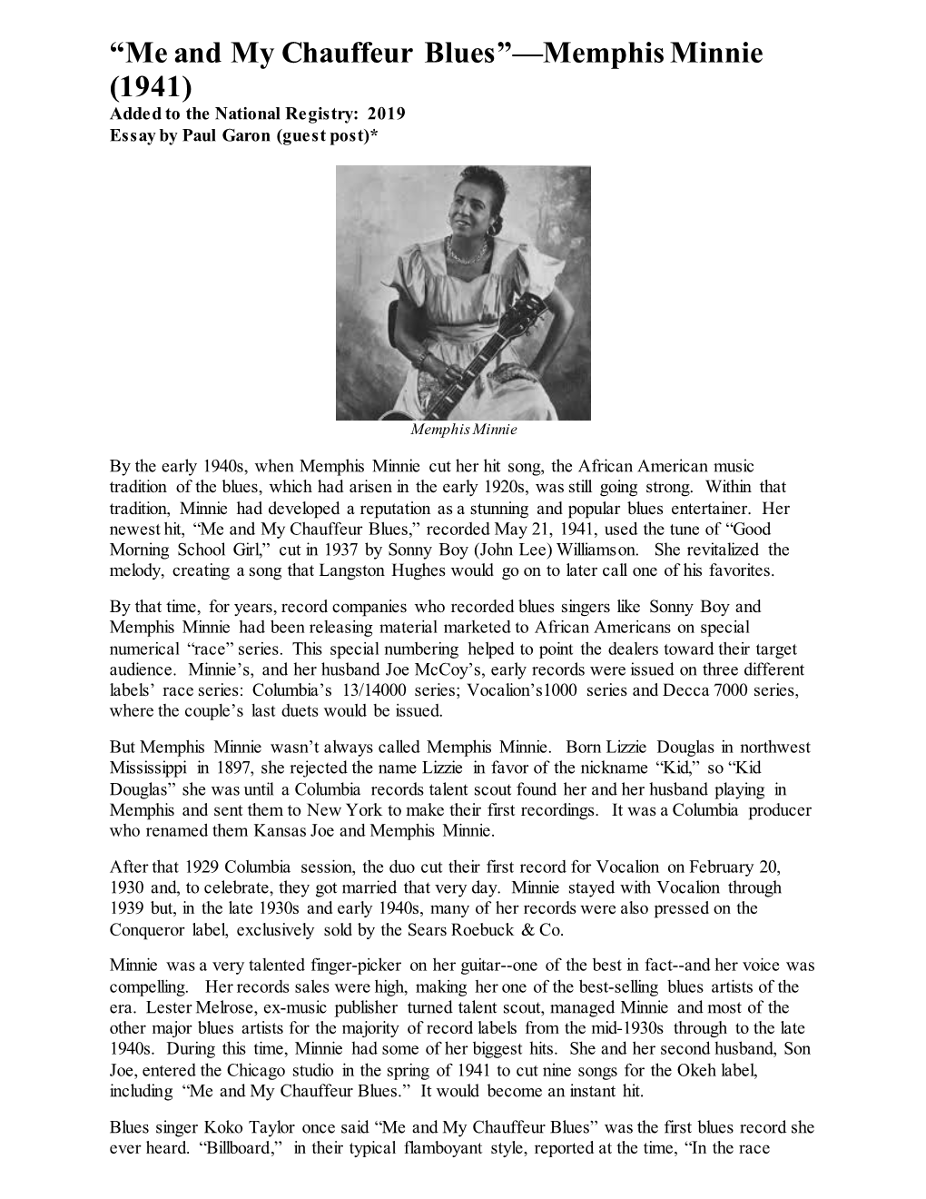 “Me and My Chauffeur Blues”—Memphis Minnie (1941) Added to the National Registry: 2019 Essay by Paul Garon (Guest Post)*