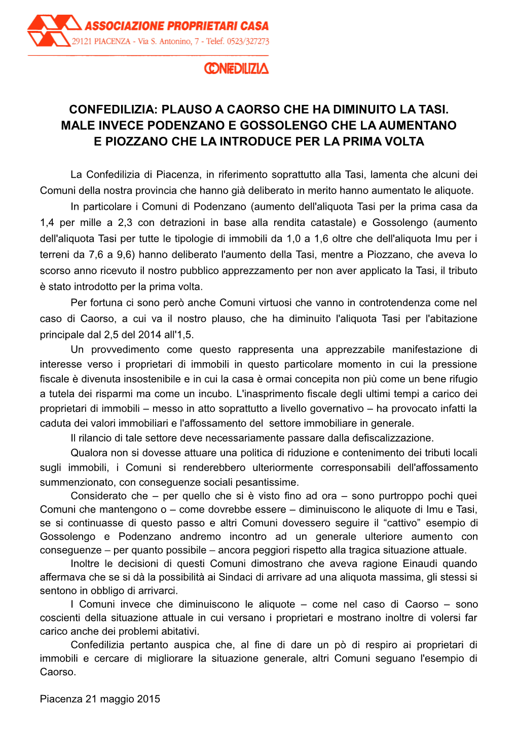 Confedilizia: Plauso a Caorso Che Ha Diminuito La Tasi