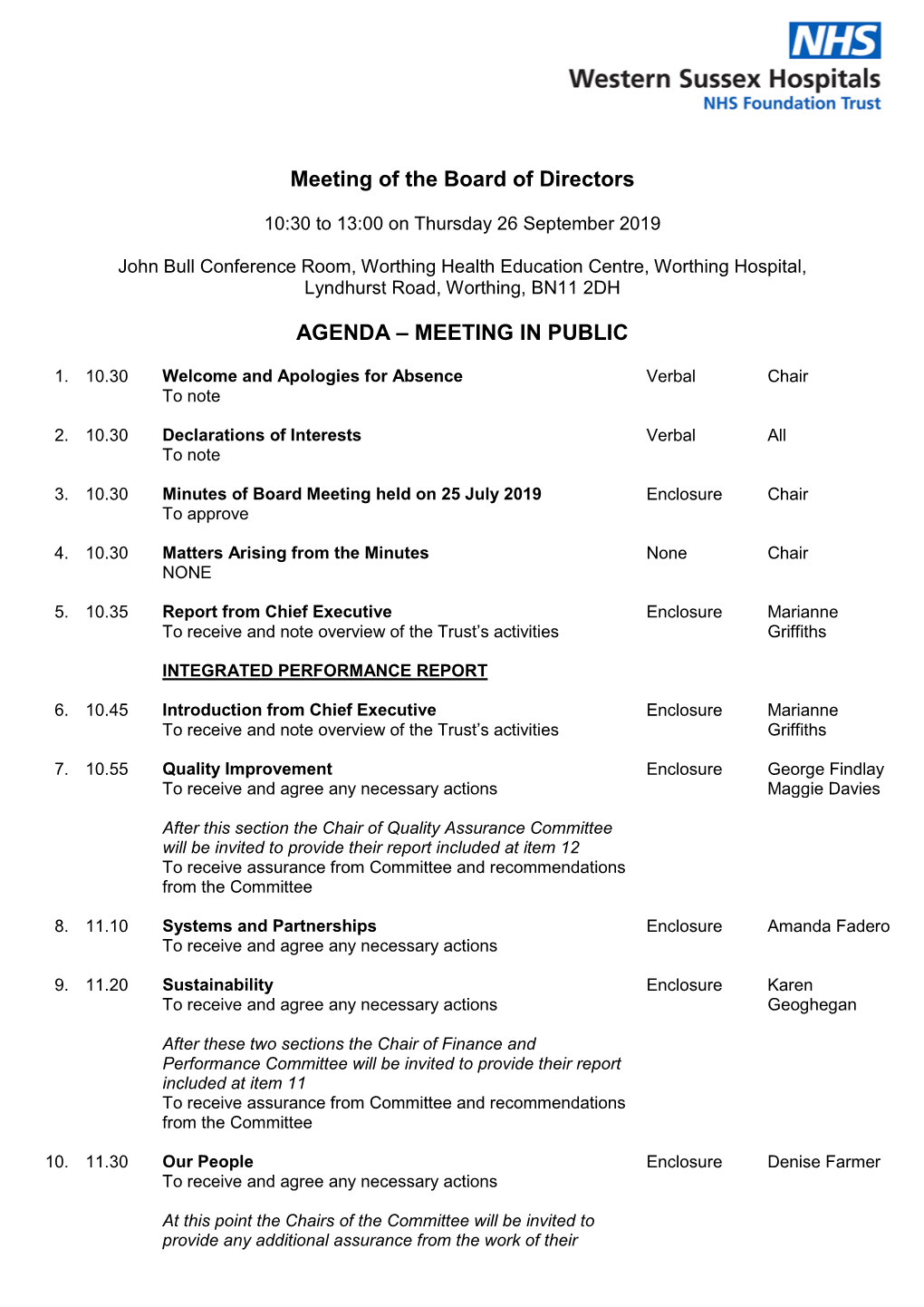 Meeting of the Board of Directors AGENDA – MEETING in PUBLIC