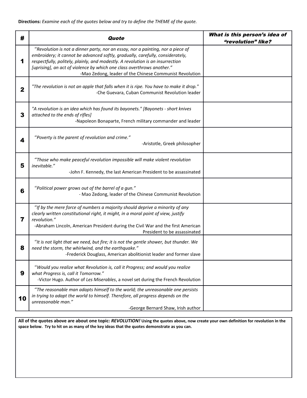 Directions: Examine Each of the Quotes Below and Try to Define the THEME of the Quote