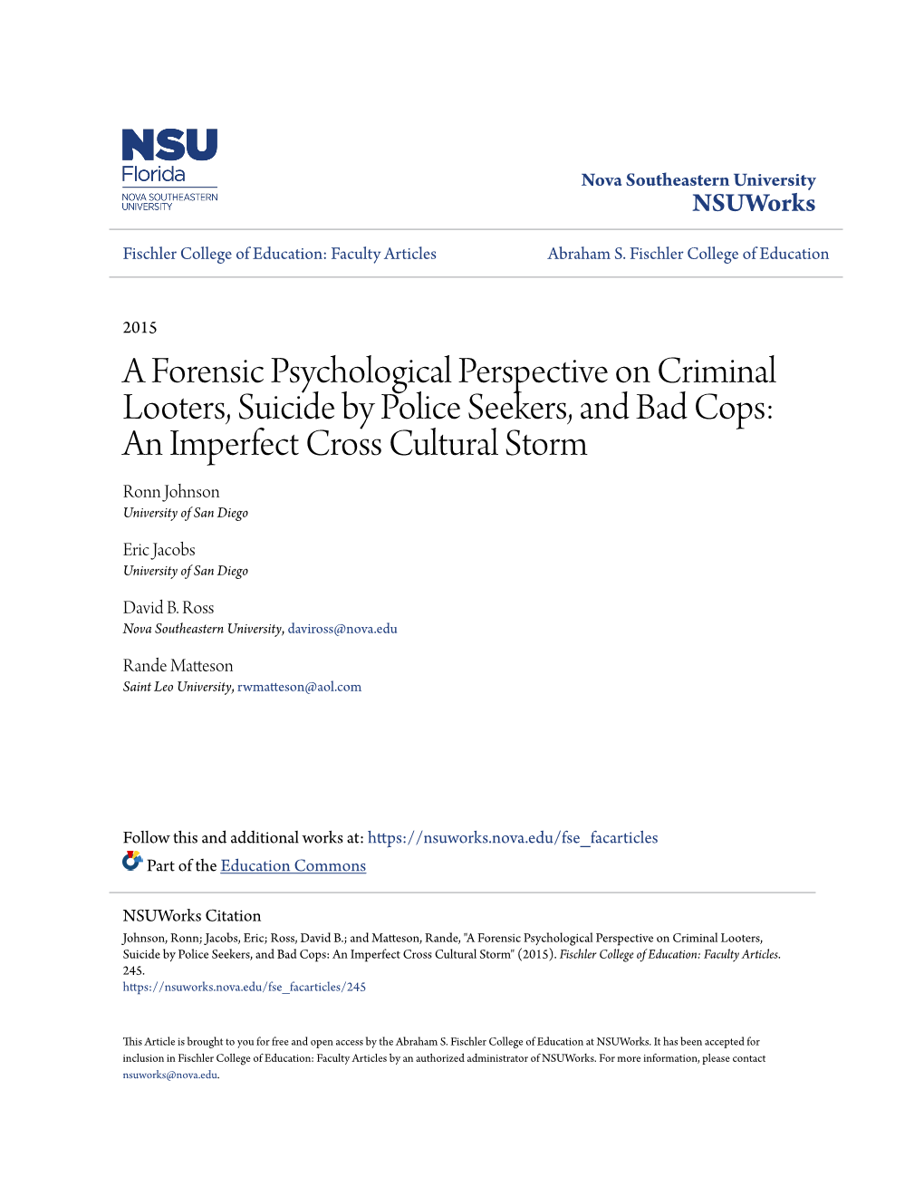 A Forensic Psychological Perspective on Criminal Looters, Suicide By