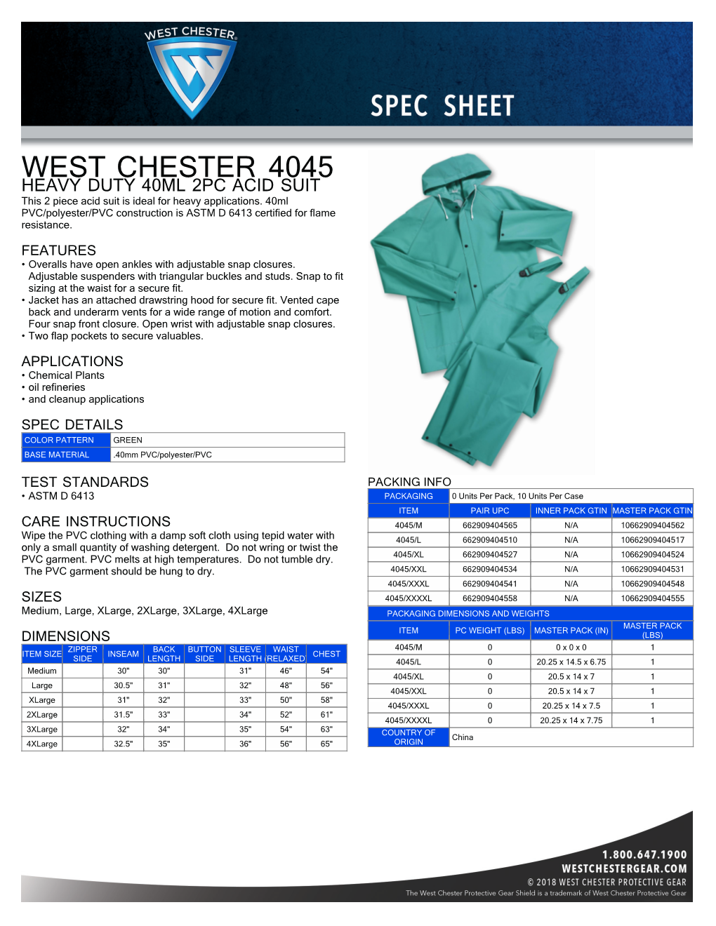 WEST CHESTER 4045 HEAVY DUTY 40ML 2PC ACID SUIT This 2 Piece Acid Suit Is Ideal for Heavy Applications