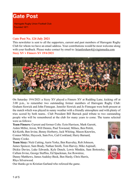 Gate Post No. 124 July 2021 This Newsletter Is Sent to All the Supporters, Current and Past Members of Harrogate Rugby Club for Whom We Have an Email Address