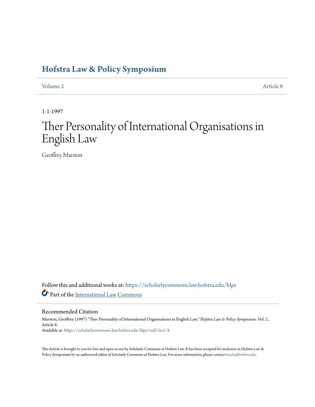 Ther Personality of International Organisations in English Law Geoffrey Marston
