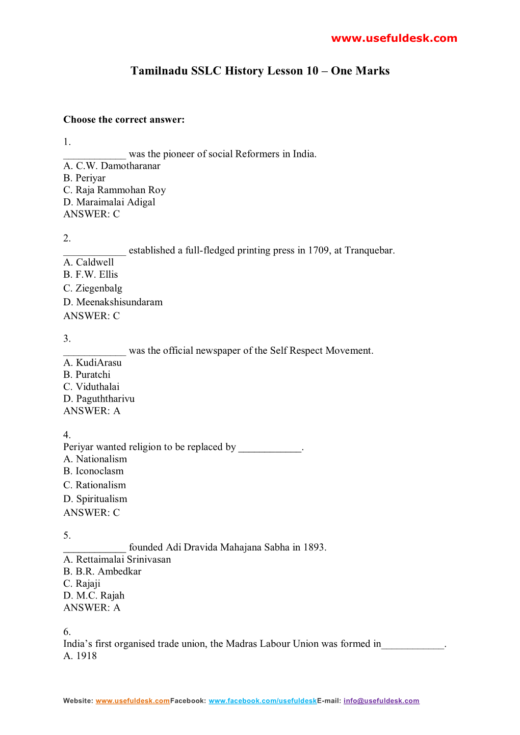 Tamilnadu SSLC History Lesson 10 – One Marks