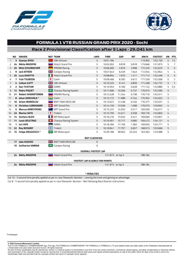 FORMULA 1 VTB RUSSIAN GRAND PRIX 2020 - Sochi Race 2 Provisional Classification After 5 Laps - 29.041 Km