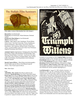 September 12, 2017 (XXXV:3) Leni Riefenstahl TRIUMPH of the WILL/TRIUMPH DES WILLENS (1934), 110 Min